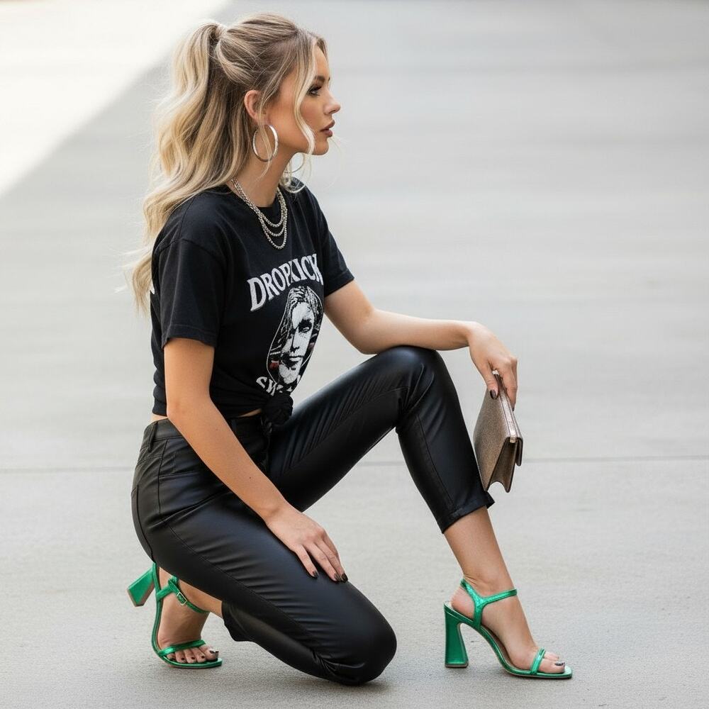 Madden Girl Disco Sandals Womens 8.5 Green Metallic‎ Strappy Block Flare Heels